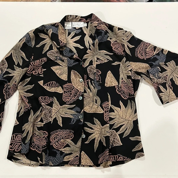 Kathy Che - 12, black/beige/blue 3/4 length sleeve blouse - Picture 1 of 4